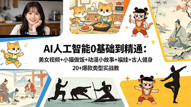 （18685期）AI人工智能0基础到精通：美女视频+小猫做饭+动漫小故事+福娃+古人健身，20+爆款类型实战教学-知创网