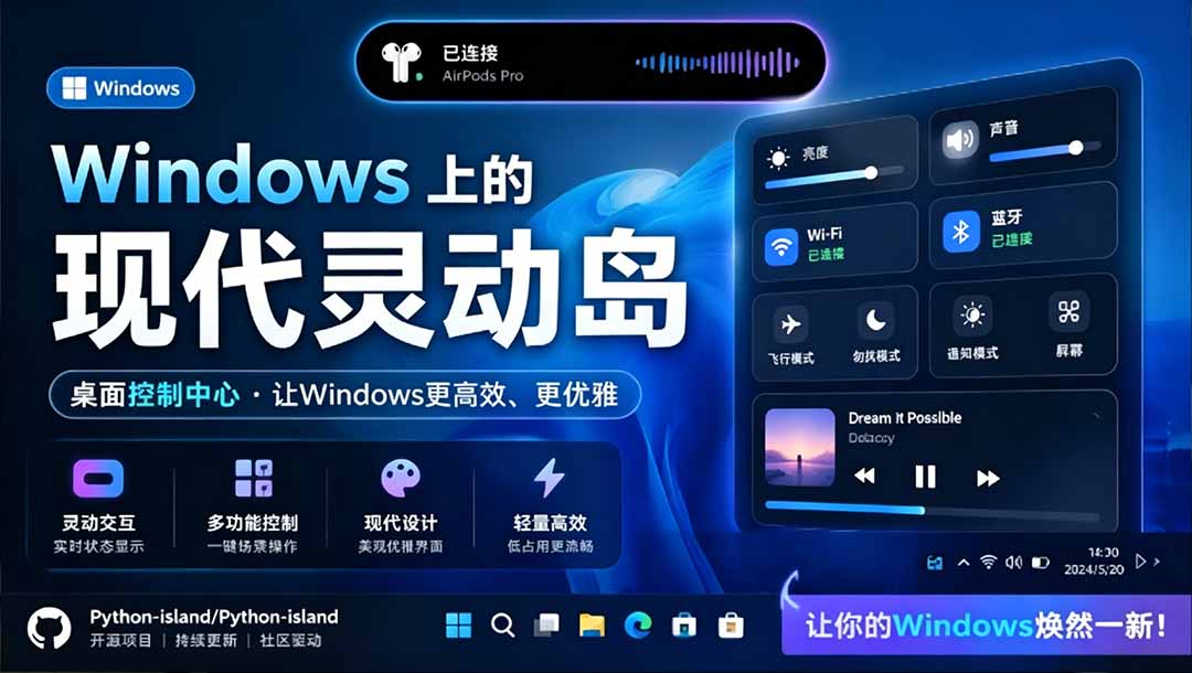 （19104期）Windows也能拥有桌面灵动岛！现代化的系统控制中心，让你的电脑多个黑刘海，PyIsland-知创网
