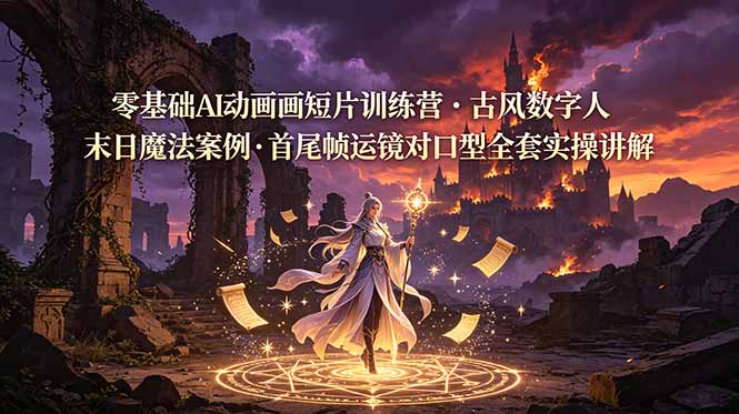 （19078期）零基础AI动画短片训练营，古风数字人末日魔法案例，首尾帧运镜对口型全套实操讲解-知创网