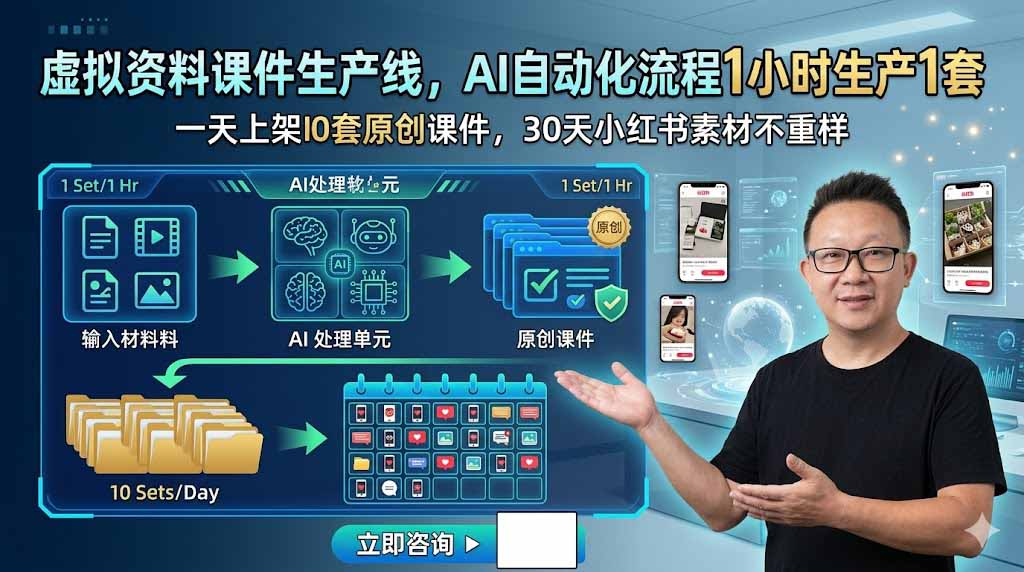 （19091期）虚拟资料课件生产线，AI自动化流程1小时生产1套，一天上架10套原创课件，30天小红书素材不重样-知创网