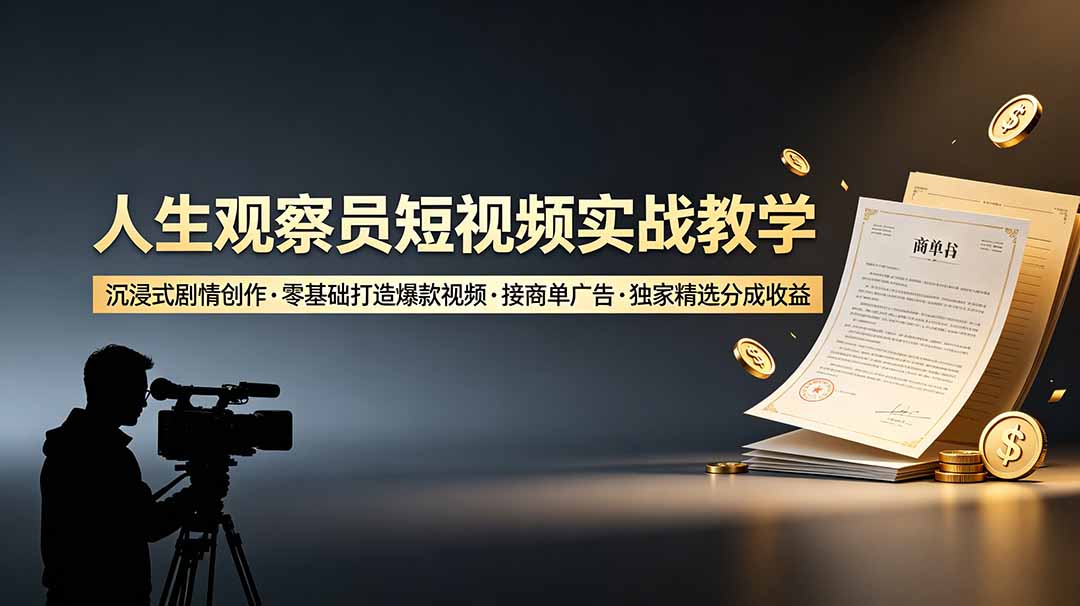 （19113期）人生观察员短视频实战教学，沉浸式剧情创作，零基础打造爆款视频，接商单广告，独家精选分成收益-知创网