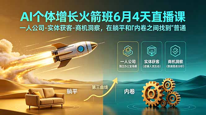 （18939期）AI个体增长火箭班6月4天直播课，一人公司-实体获客-商机洞察，在躺平和内卷之间找到“普通人创收”的第三曲线-知创网