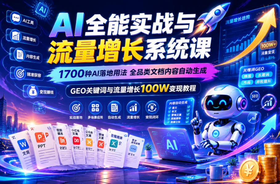 AI全能实战与流量增长系统课，1700种AI落地用法，全品类文档内容自动生成，GEO关键词与流量增长100W变现教程-知创网