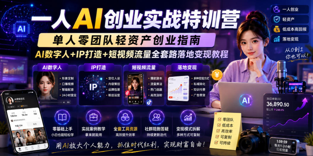 一人AI创业实战特训营，单人零团队轻资产创业指南，AI数字人+IP打造+短视频流量全套路落地变现教程-知创网