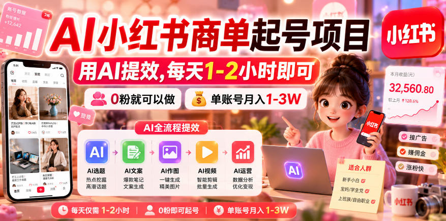 AI小红书商单起号项目，用AI提效,每天1-2小时即可，0粉就可以做，单账号月入1-3W-知创网
