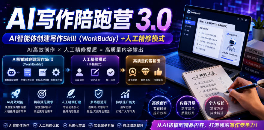 AI写作陪跑营3.0，Ai智能体创建写作skill（workbuddy）+人工手写模式（手搓模式），去除AI痕迹（头条号、公众号、百家号）-知创网