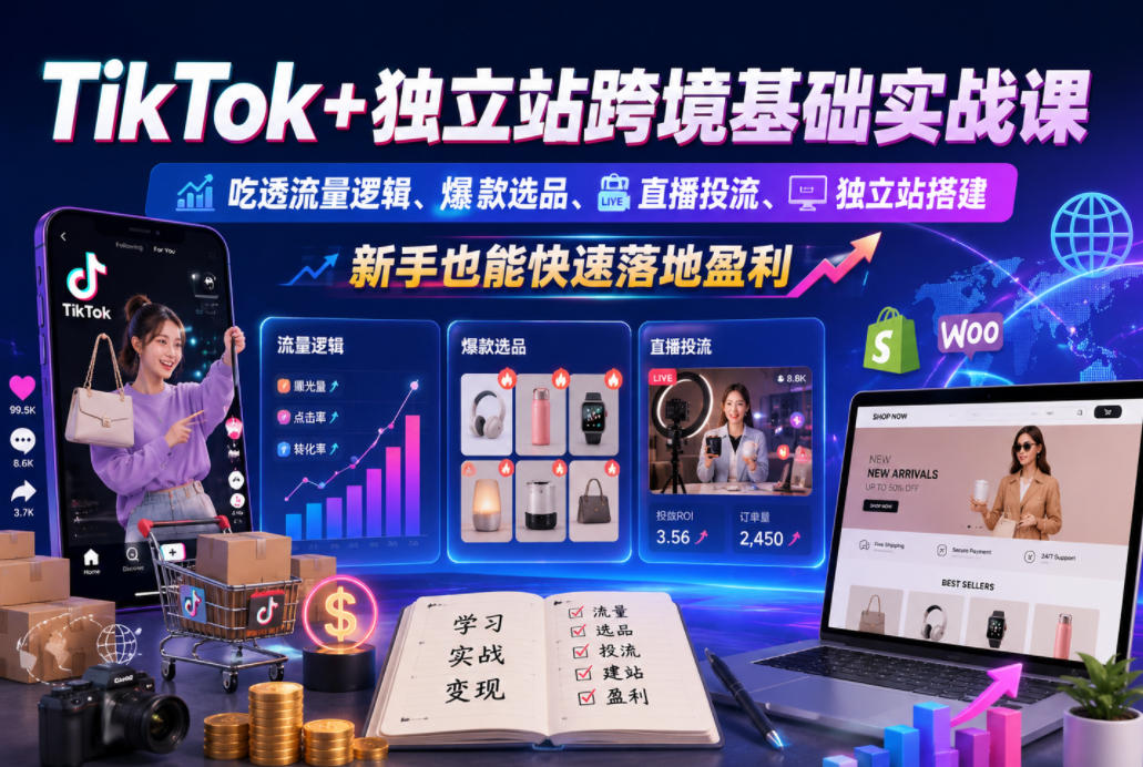 TikTok+独立站跨境基础实战课，吃透流量逻辑、爆款选品、直播投流与独立站搭建，新手也能快速落地盈利-知创网