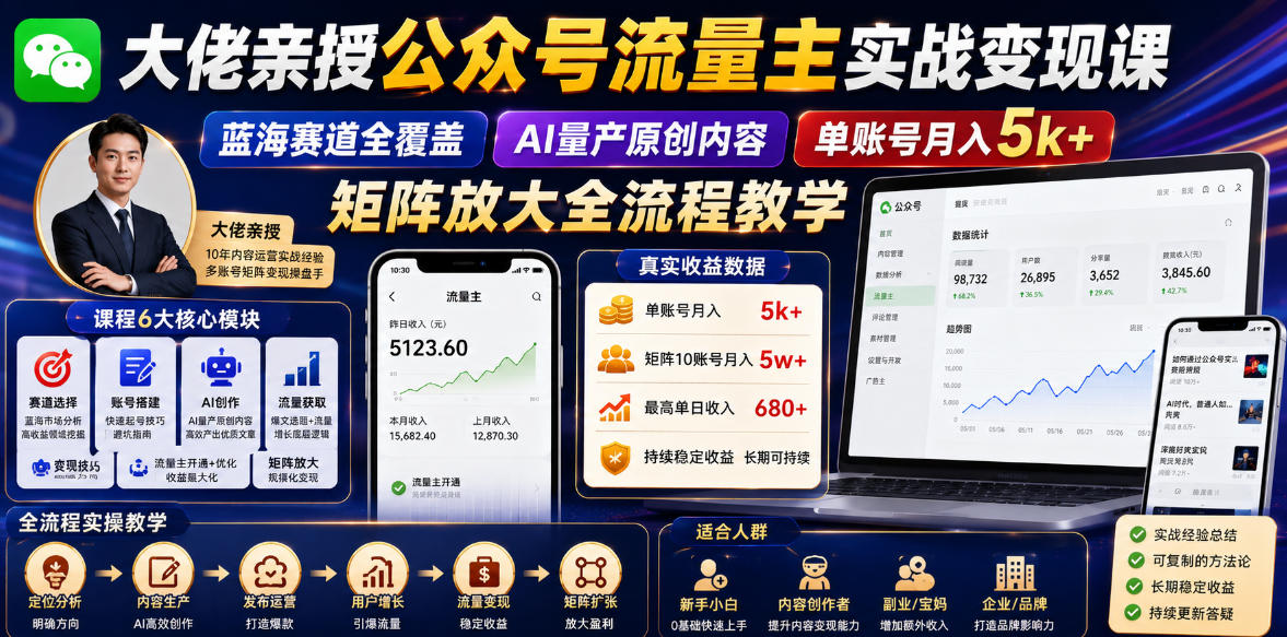 大佬亲授公众号流量主实战变现课，蓝海赛道全覆盖，AI量产原创内容，单账号月入5k+矩阵放大全流程教学-知创网
