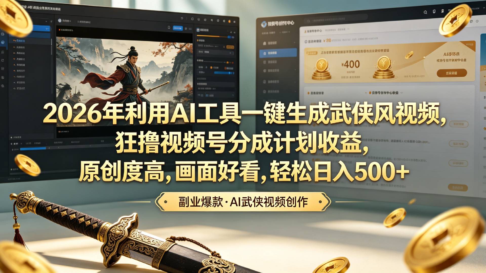 2026年利用AI工具一键生成武侠风视频,狂撸视频号分成计划收益,原创度高,画面好看,轻松日入500+-知创网