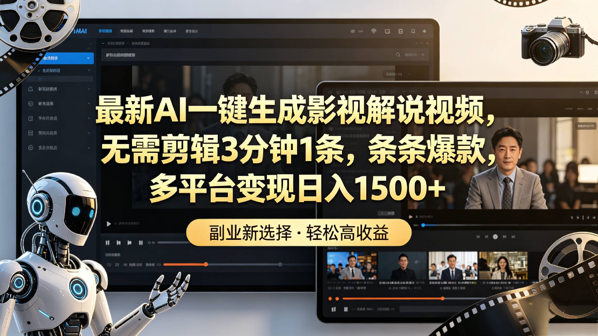 最新AI一键生成影视解说视频，无需剪辑3分钟1条，条条爆款，多平台变现日入1500+-知创网