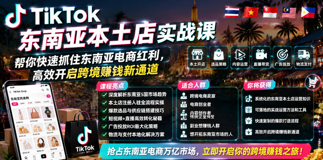 TikTok东南亚本土店实战课，帮你快速抓住东南亚电商红利，高效开启跨境賺钱新通道-知创网