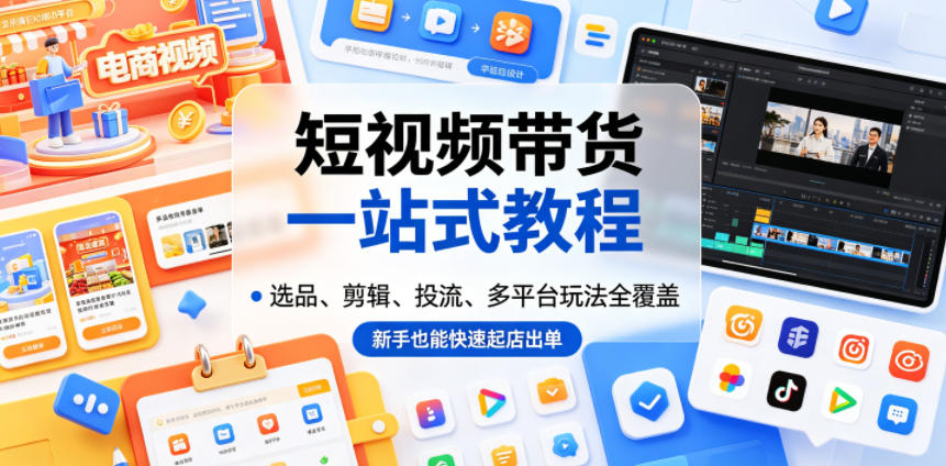 短视频带货一站式教程，选品、剪辑、投流、多平台玩法全覆盖，新手也能快速起店出单-知创网