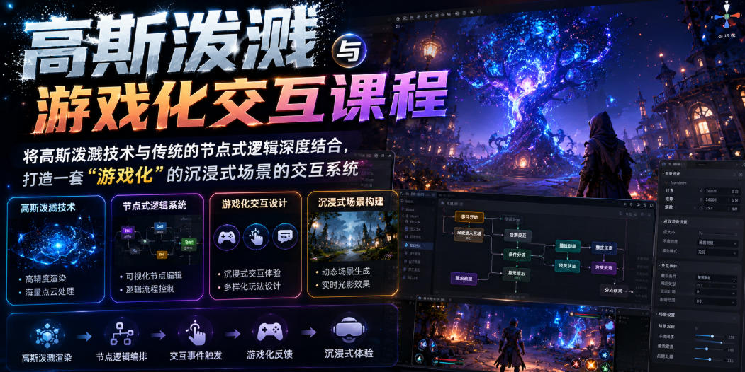 高斯泼溅与游戏化交互课程，将高斯泼溅技术与传统的节点式逻辑深度结合，打造一套“游戏化”的沉浸式场景的交互系统-知创网