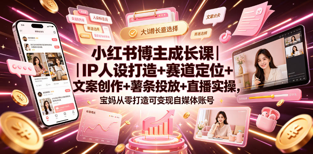 小红书博主成长课｜IP人设打造+赛道定位+文案创作+薯条投放+直播实操，宝妈从零打造可变现自媒体账号-知创网