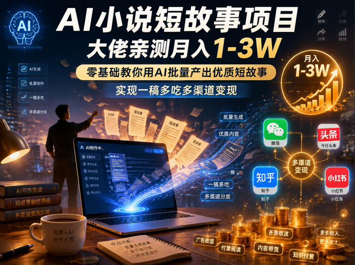 AI小说短故事项目，大佬亲测月入1-3W，零基础教你用AI批量产出优质短故事，实现一稿多吃多渠道变现-知创网