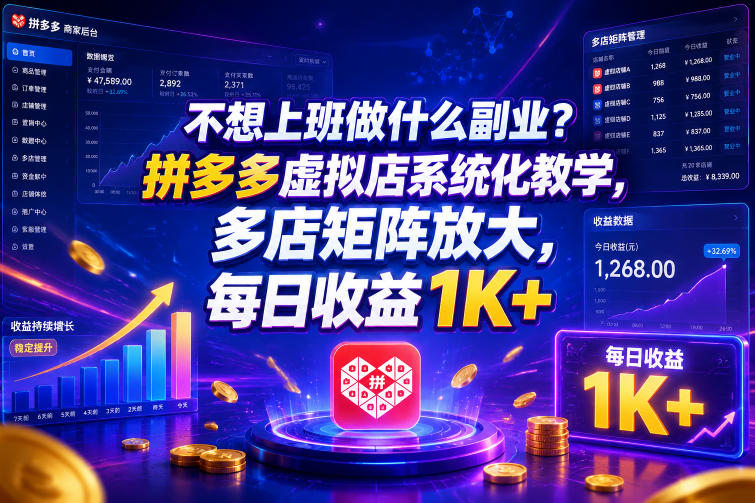 不想上班做什么副业?拼多多虚拟店系统化教学,多店矩阵放大,每日收益1K+【揭秘】-知创网