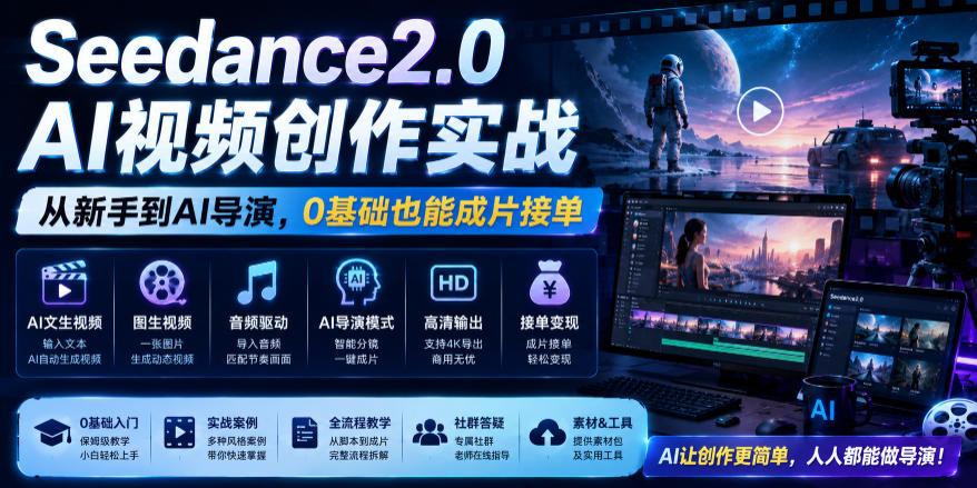Seedance2.0 AI视频创作实战，从新手到AI导演，0基础也能成片接单变现-知创网
