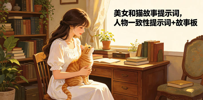 美女和猫故事提示词，人物一致性提示词+故事板-知创网
