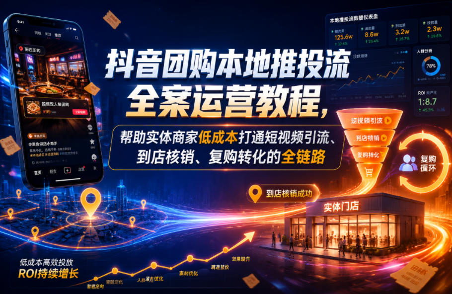 抖音团购本地推投流全案运营教程,帮助实体商家低成本打通短视频引流、到店核销、复购转化的全链路-知创网