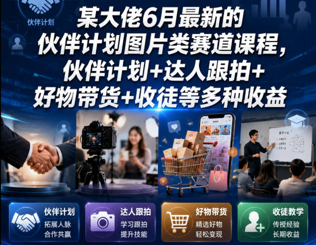 某大佬6月最新的伙伴计划图片类赛道课程，伙伴计划+达人跟拍+好物带货+收徒等多种收益-知创网