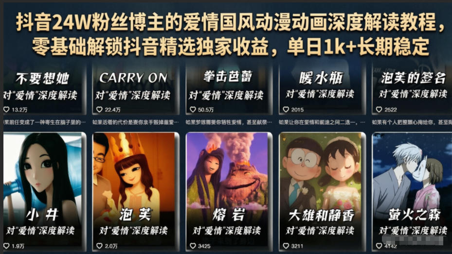 抖音24W粉丝博主的爱情国风动漫动画深度解读教程,零基础解锁抖音精选独家收益,单日1k+长期稳定-知创网