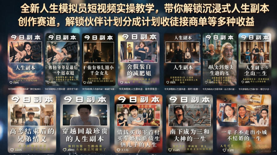 全新人生模拟员短视频实操教学，带你解锁沉浸式人生副本创作赛道，解锁伙伴计划分成计划收徒接商单等多种收益-知创网
