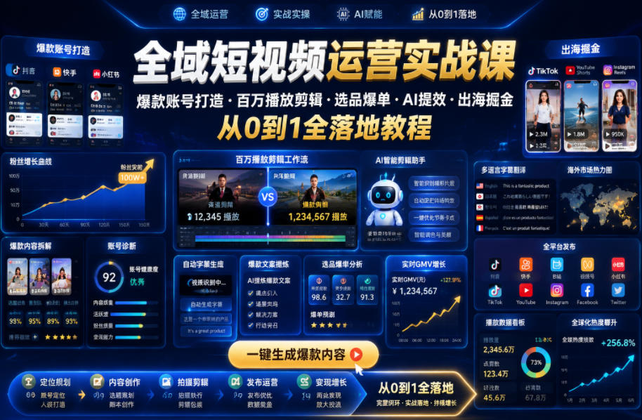 全域短视频运营实战课，爆款账号打造・百万播放剪辑・选品爆单・AI提效・出海掘金，从0到1全落地教程-知创网