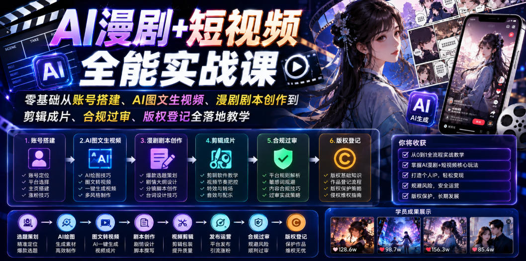 AI漫剧+短视频全能实战课｜零基础从账号搭建、AI图文生视频、漫剧剧本创作到剪辑成片、合规过审、版权登记全落地教学-知创网