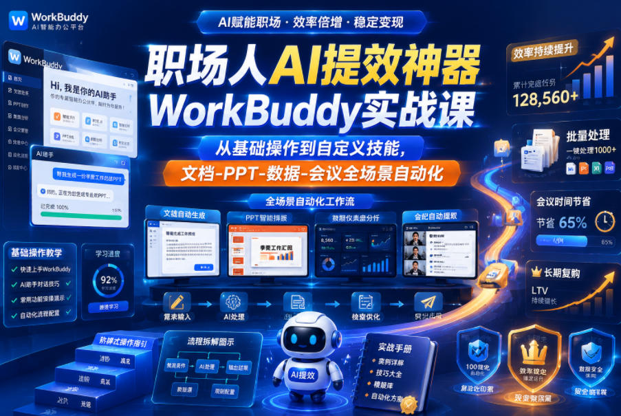 职场人AI提效神器WorkBuddy实战课,从基础操作到自定义技能,文档-PPT-数据-会议全场景自动化-知创网
