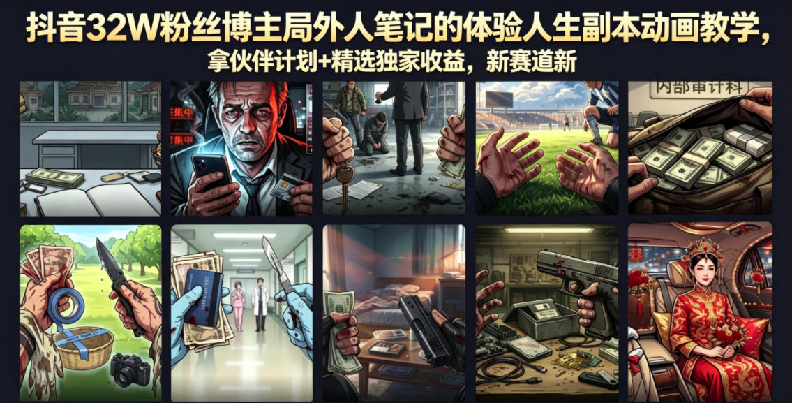 抖音32W粉丝博主局外人笔记的体验人生副本动画教学,拿伙伴计划+精选独家收益,新赛道新涨粉快【录制版】-知创网