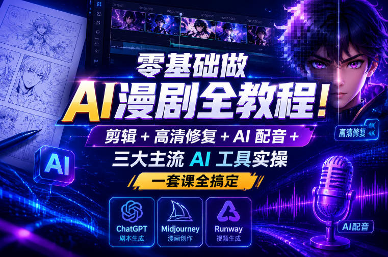 零基础做AI漫剧全教程!剪辑+高清修复+AI配音+三大主流AI工具实操,一套课全搞定-知创网