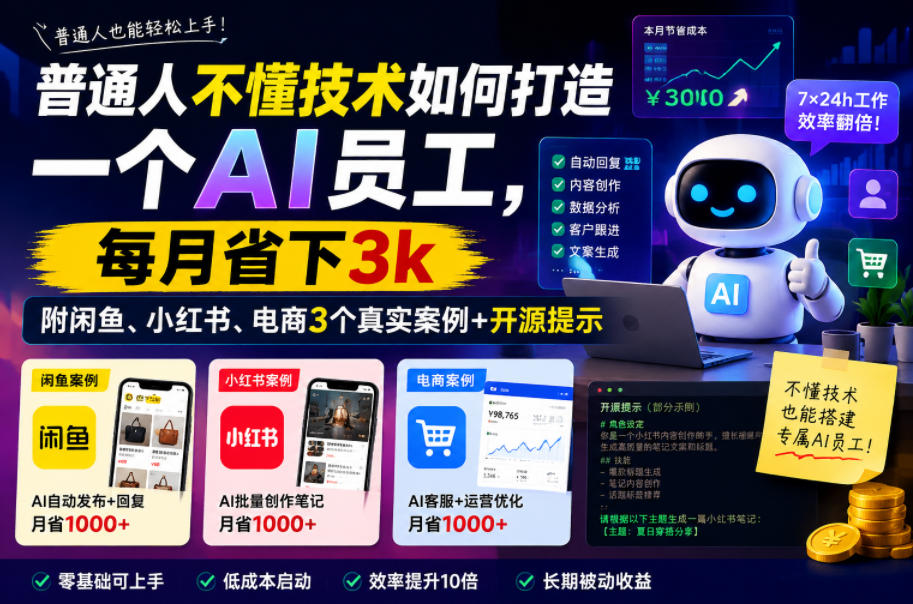 普通人不懂技术如何打造一个AI员工，每月省下3k，附闲鱼、小红书、电商3个真实案例+开源提示【文档】-知创网