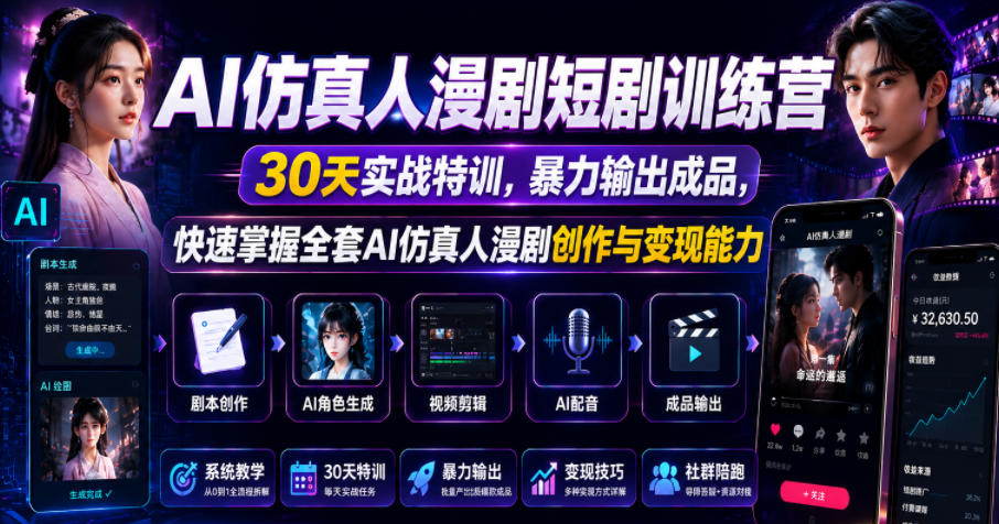 AI仿真人漫剧短剧训练营，30天实战特训，暴力输出成品，快速掌握全套AI仿真人漫剧创作与变现能力-知创网