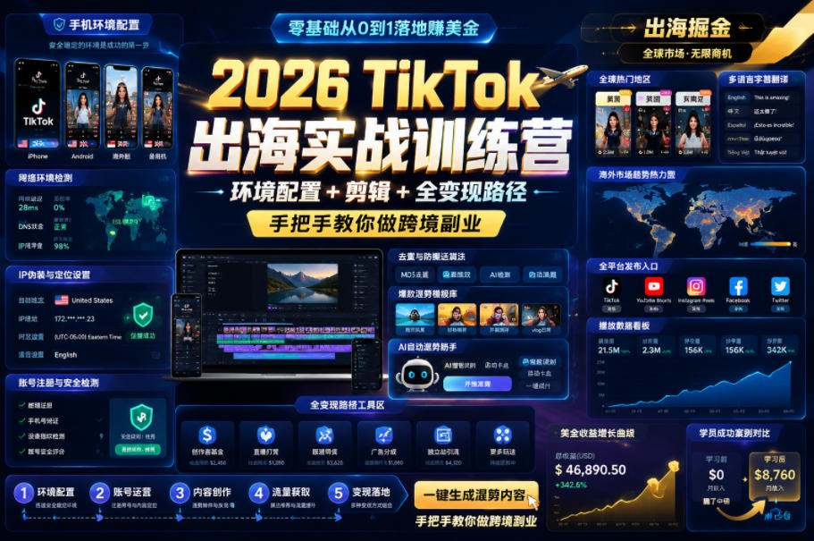2026 TikTok出海实战训练营，环境配置 + 剪辑 + 全变现路径，手把手教你做跨境副业-知创网