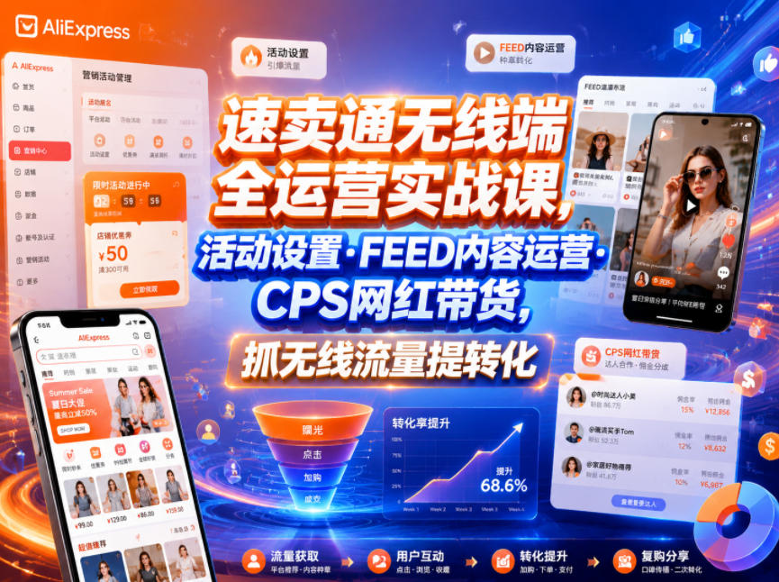 速卖通无线端全运营实战课，活动设置・FEED内容运营・CPS网红带货，抓无线流量提转化-知创网