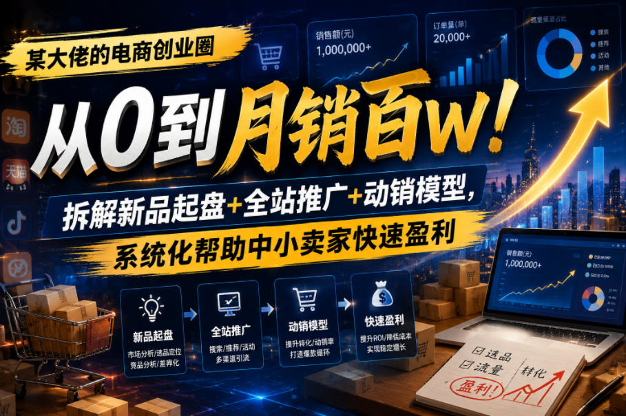 某大佬的电商创业圈从0到月销百W！拆解新品起盘+全站推广+动销模型，系统化帮助中小卖家快速盈利-知创网