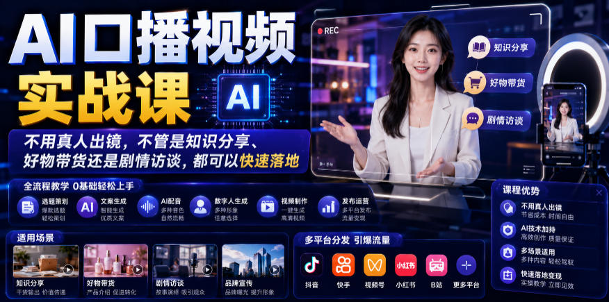AI口播视频实战课，不用真人出镜，不管是知识分享、好物带货还是剧情访谈，都可以快速落地-知创网