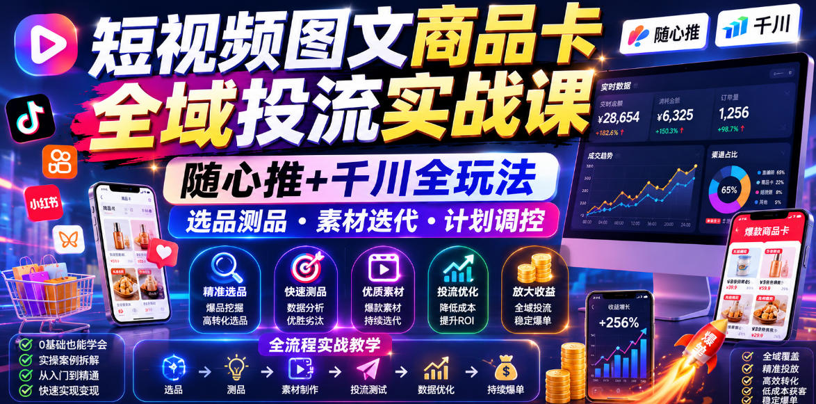 短视频图文商品卡全域投流实战课，随心推+千川全玩法，选品测品・素材迭代・计划调控，提升ROI爆单增收教程-知创网