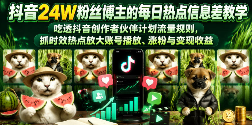 抖音24W粉丝博主的每日热点信息差教学，吃透创作者伙伴计划流量规则，抓时效热点放大账号播放、涨粉与变现收益-知创网