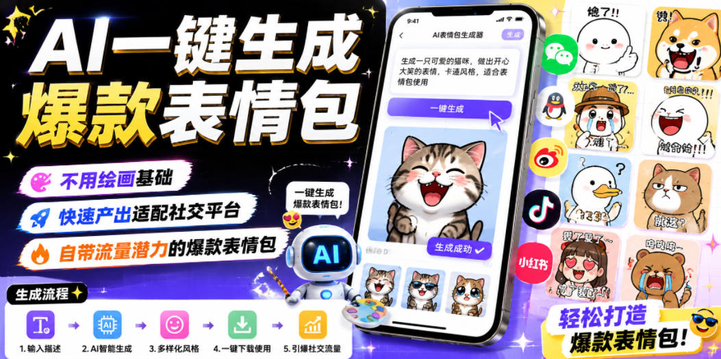 AI一键生成爆款表情包,不用绘画基础,快速产出适配社交平台,自带流量潜力的爆款表情包-知创网
