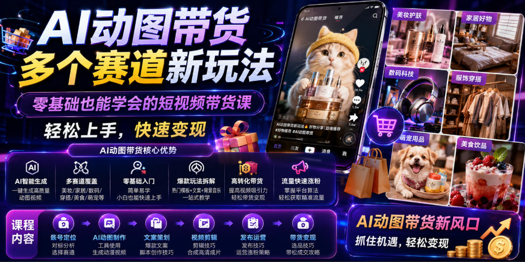 AI动图带货多个赛道新玩法，零基础也能学会的短视频带货课，轻松上手，快速变现-知创网