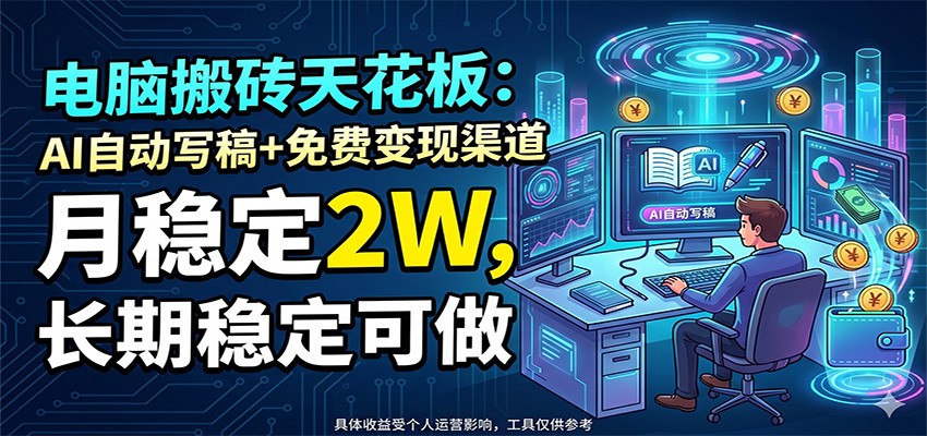 电脑搬砖天花板：AI自动写稿+免费变现渠道，月稳定2W，长期稳定可做-知创网