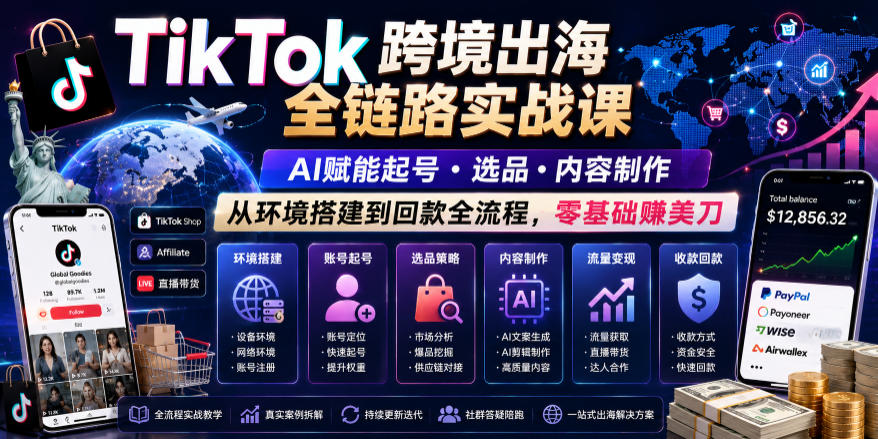 TikTok跨境出海全链路实战课，AI赋能起号・选品・内容制作，从环境搭建到回款全流程，零基础賺美刀-知创网