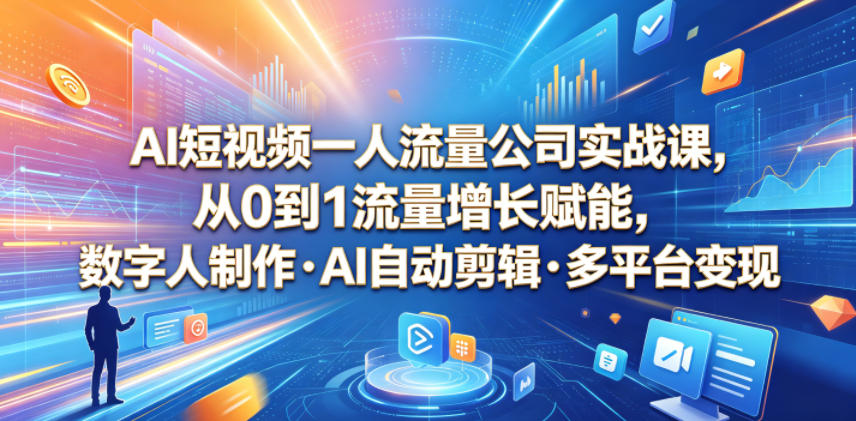 AI短视频一人流量公司实战课,从0到1流量增长赋能,数字人制作・AI自动剪辑・多平台变现,一人做流量生意全落地教程-知创网