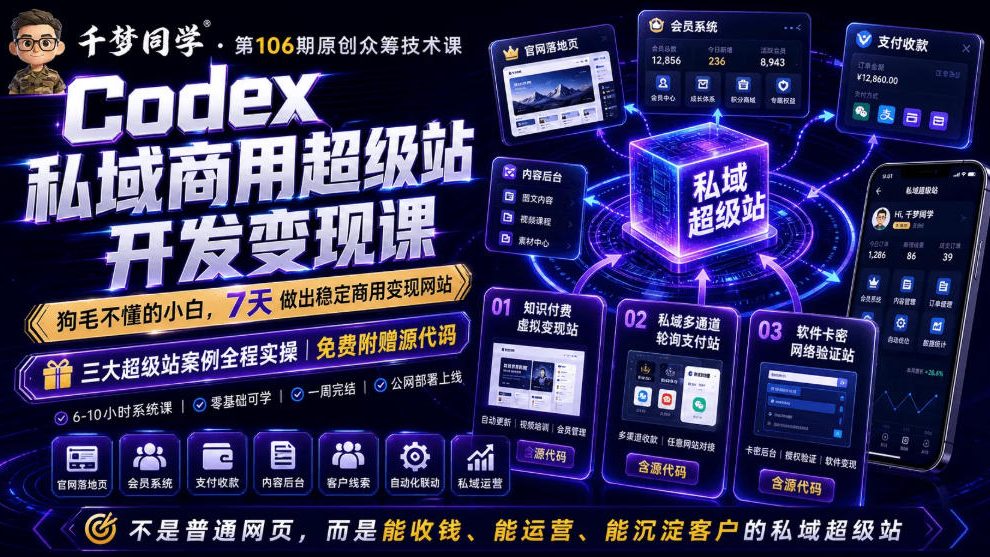Codex私域商用超级站Ai开发变现课，7天带你从零基础到能自己动手做出能收钱、能运营、能沉淀客户的私域超级站-知创网