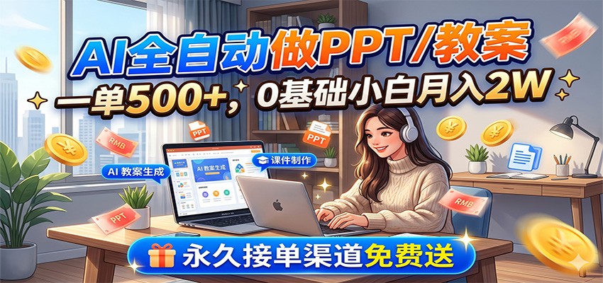 AI全自动做PPT/教案，一单500+，0基础小白月入2W，永久接单渠道免费送-知创网