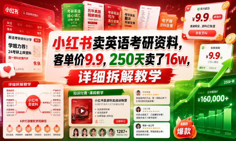 小红书卖英语考研资料，客单价9.9，250天卖了16w，详细拆解教学-知创网