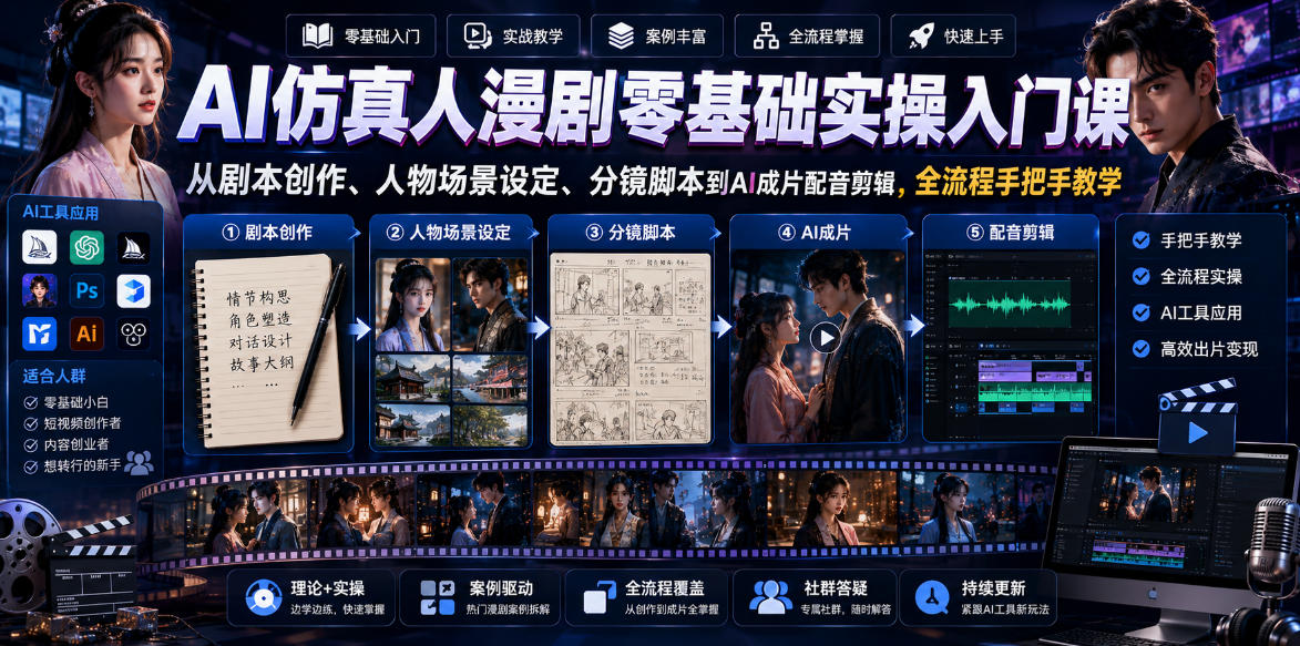 AI仿真人漫剧零基础实操入门课，从剧本创作、人物场景设定、分镜脚本到AI成片配音剪辑，全流程手把手教学-知创网