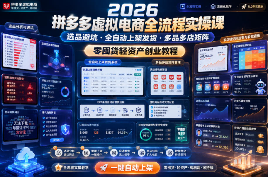 2026拼多多虚拟电商全流程实操课，选品避坑・全自动上架发货・多品多店矩阵，零囤货轻资产创业教程-知创网