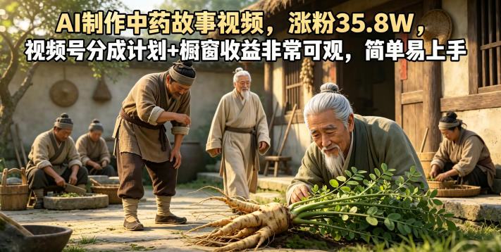 AI制作中药故事视频，涨粉35.8W，视频号分成计划+橱窗收益非常可观，简单易上手-知创网